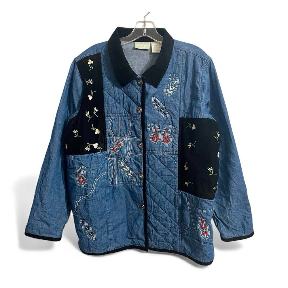 220 Hickory Quilted Denim Jacket Size Large Blue Boho Chore Coat Cottagecore VTG